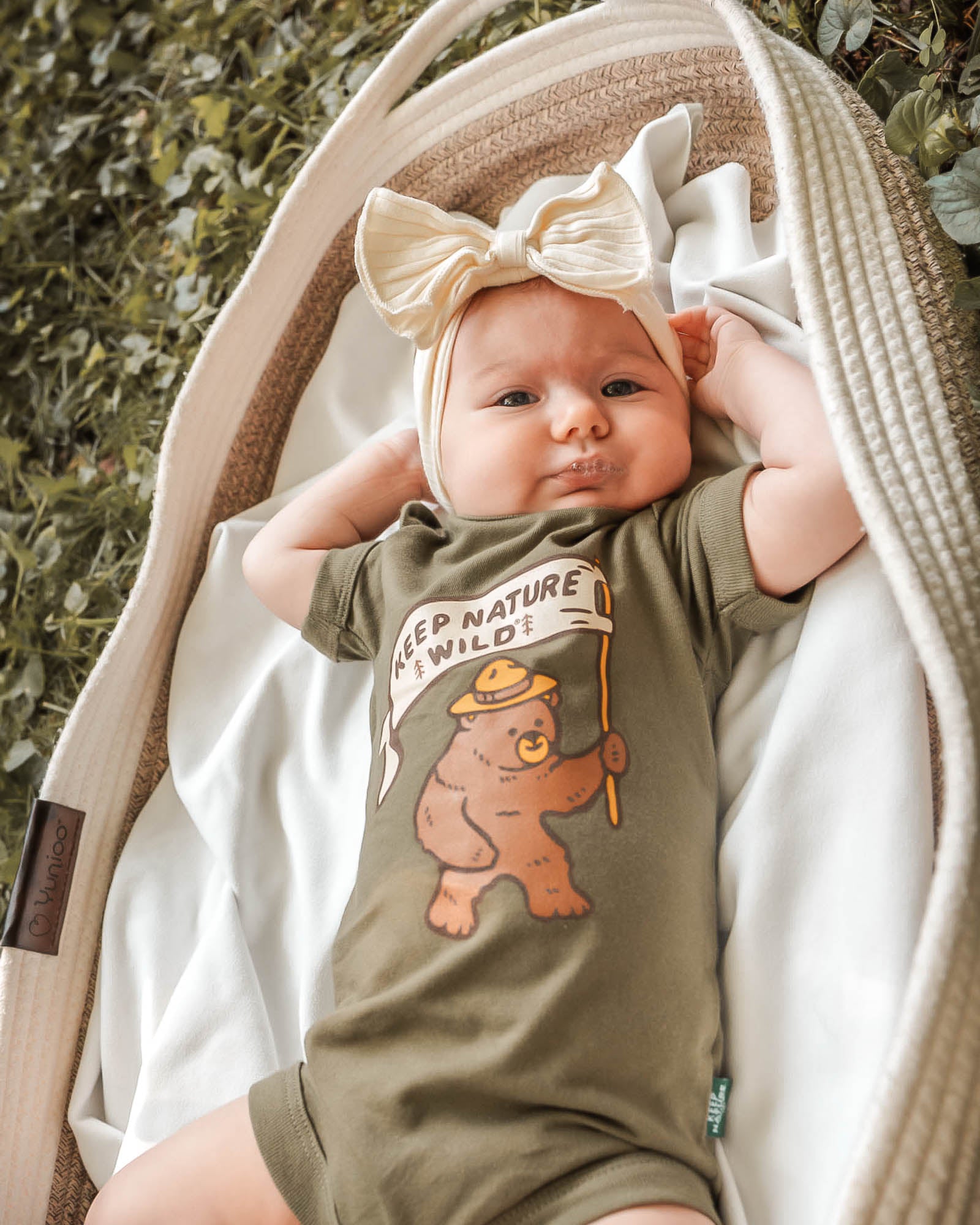 Happy Camper Bear Baby Bodysuit | Olive