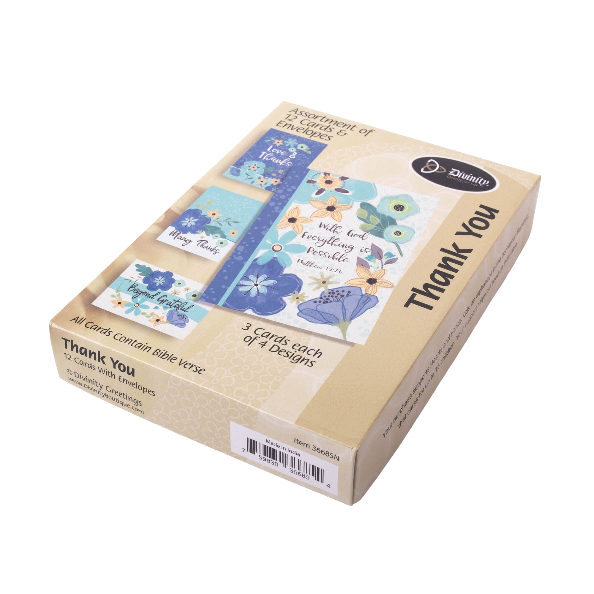 Boxed Greeting Cards: 12CT Thank You - Blue and Teal Floral