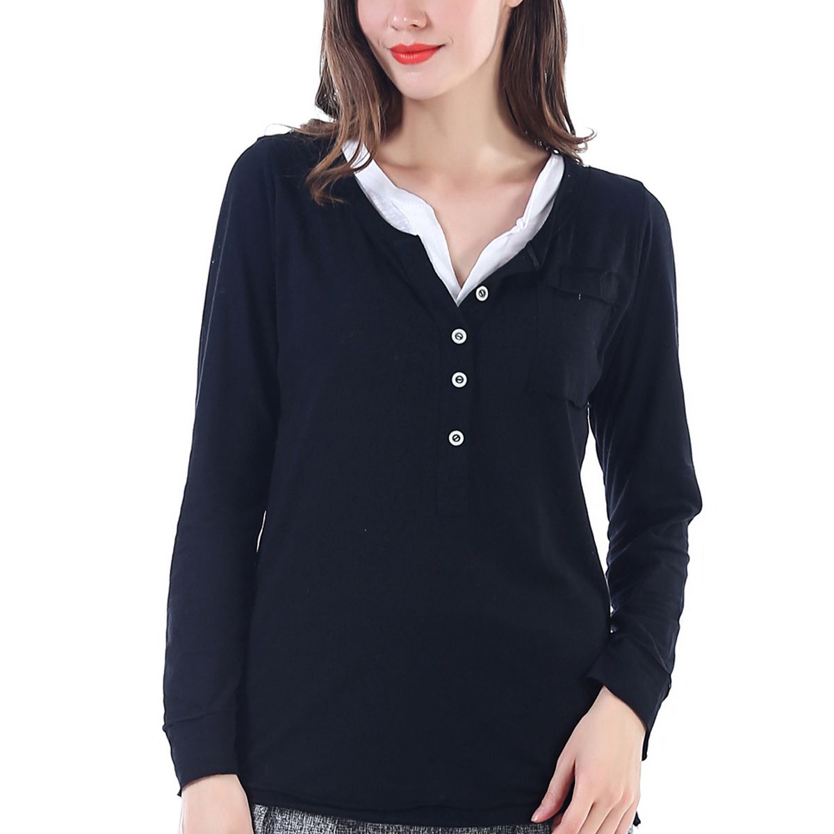 Black 2 Piece Henley Long Sleeve S/M