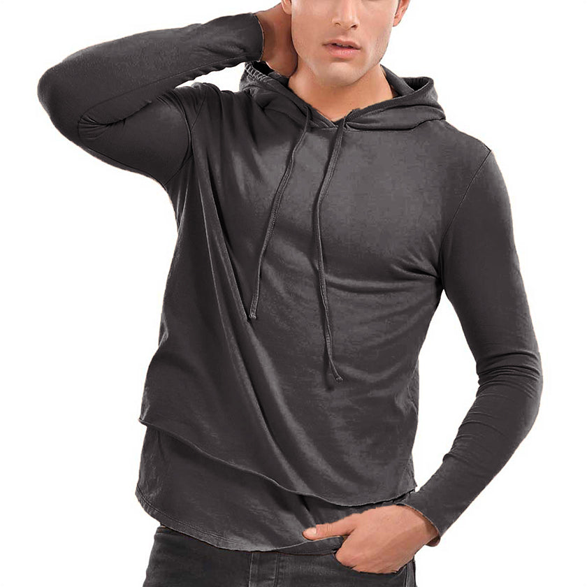 Med Heathered Black Men's Rolled Layered Hoodie