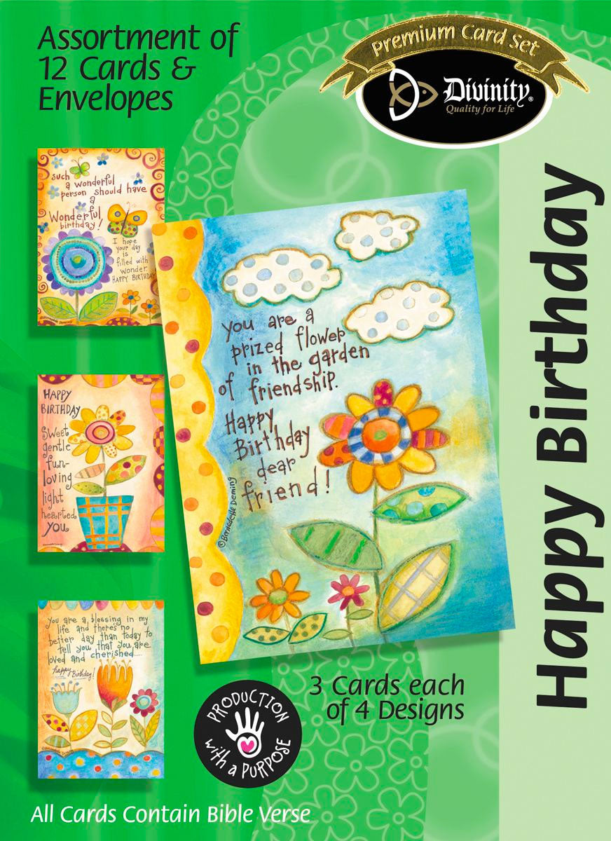 Celebrate a special occasion with an inspirational card from Divinity Boutique. Fun and colorful artwork is paired with uplifting sentiments and scripture to revere unforgettable moments. Each box contains 12 full color cards and envelopes (3 cards each of 4 designs) that are 6.625"x4.75".