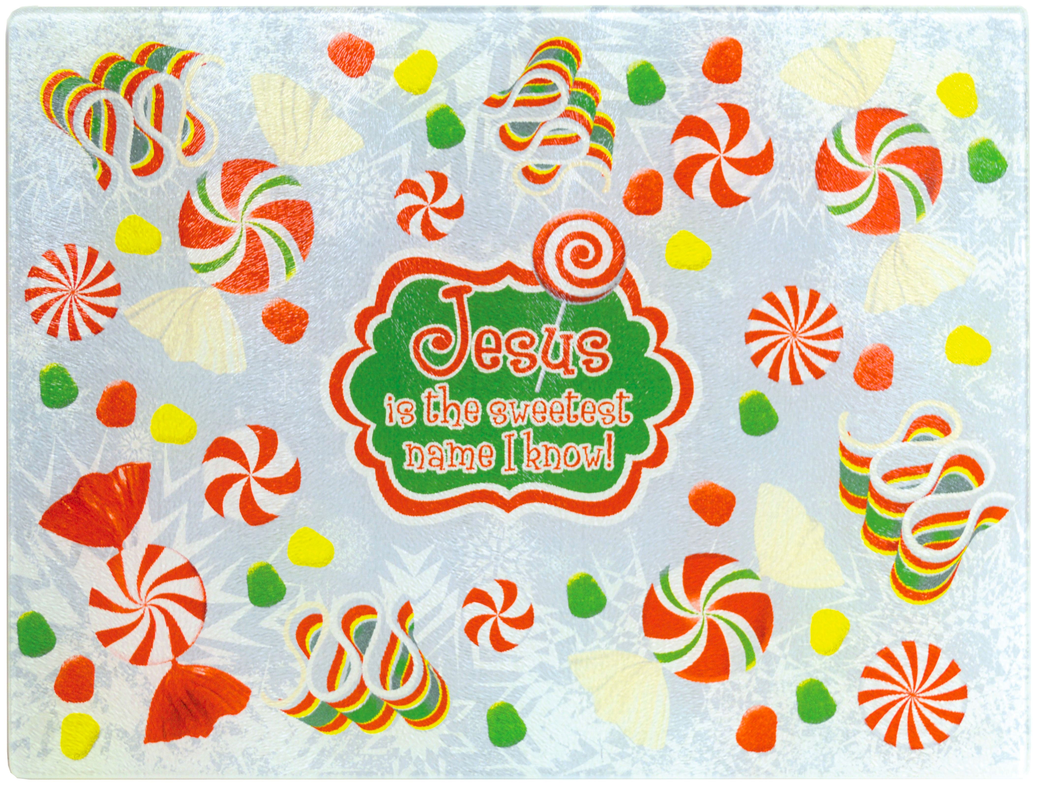 Our Sweetest Name cutting board is made with tempered glass and has a pebble finish. It measures 15.875" x 12" and can also be used as a serving tray. It's durable; easy to clean; heat, stain and moisture resistant. Add some fun to your Christmas partyware with this sweet item! Material: Tempered Glass.