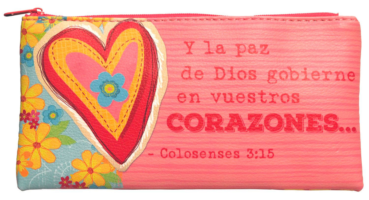 Pouch is 4" x 8" with colored zipper. Can be used for just about anything; a handy place to store items like pens and pencils, makeup brushes, coupons and receipts or anything else you can fit! Front and back features full color print. Features Spanish Scripture. Material: PU.