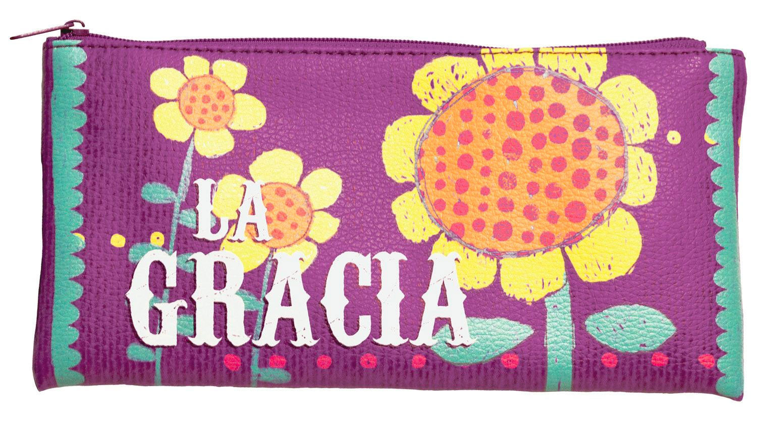 Pouch is 4" x 8" with colored zipper. Can be used for just about anything; a handy place to store items like pens and pencils, makeup brushes, coupons and receipts or anything else you can fit! Front and back features full color print. Features Spanish Scripture. Material: PU.