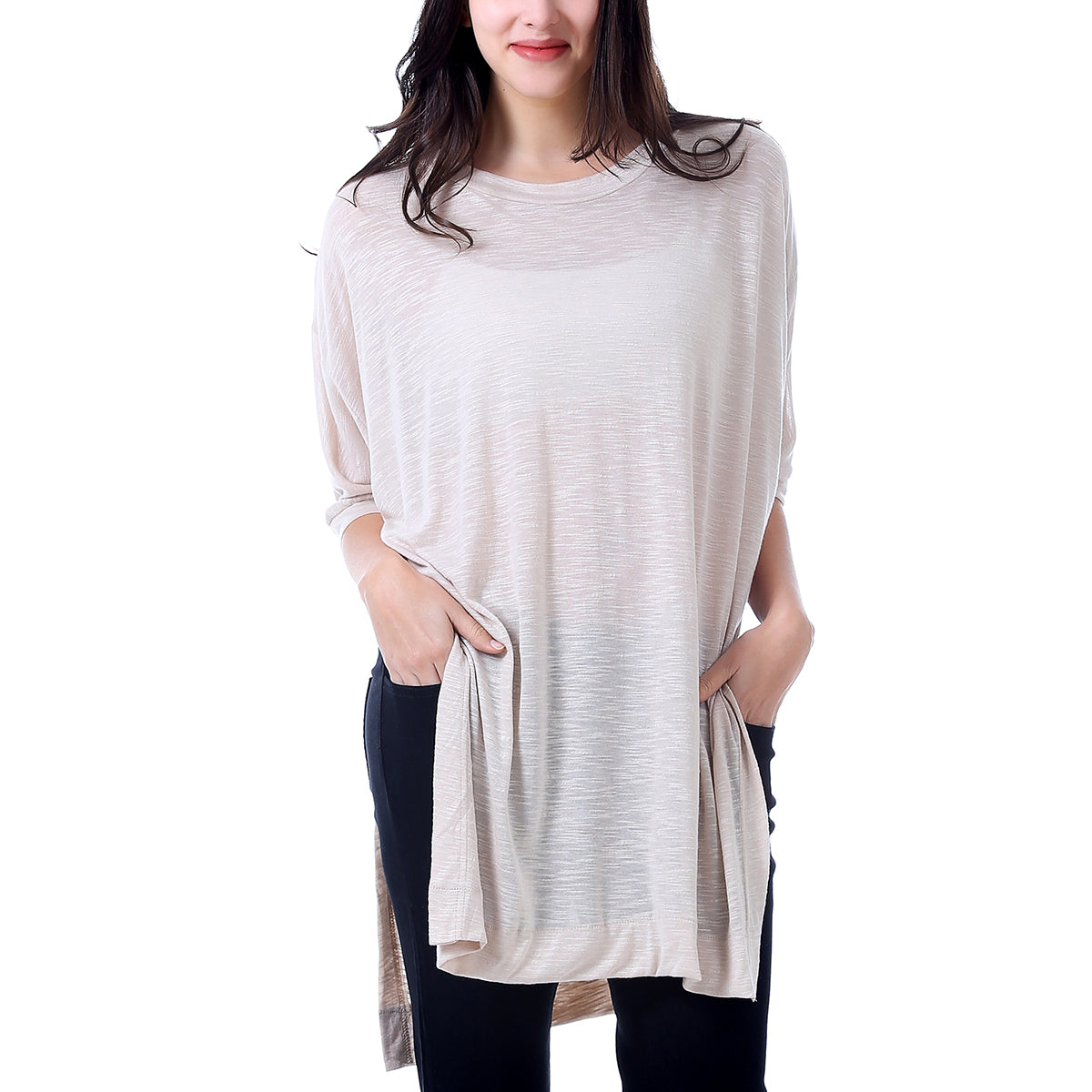 M2O: L/XL Khaki Split Sides Shirt Tail T-Shirt
