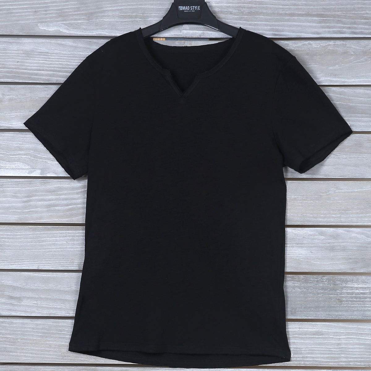 M2O: S/M Black Raw Edge V-Neck Henley