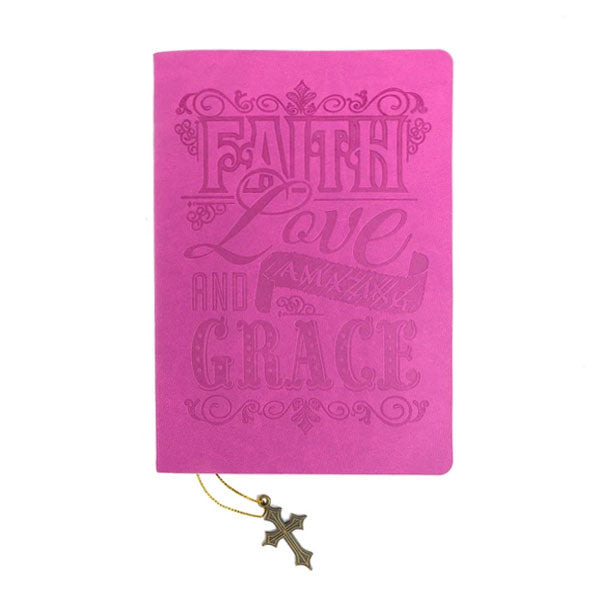 Faux Leather Journal : Pink Amazing Grace, Cross Charm