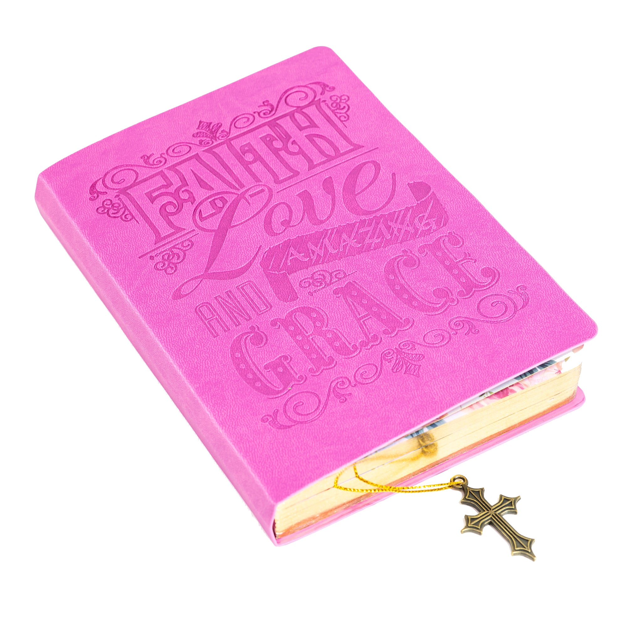 Faux Leather Journal : Pink Amazing Grace, Cross Charm