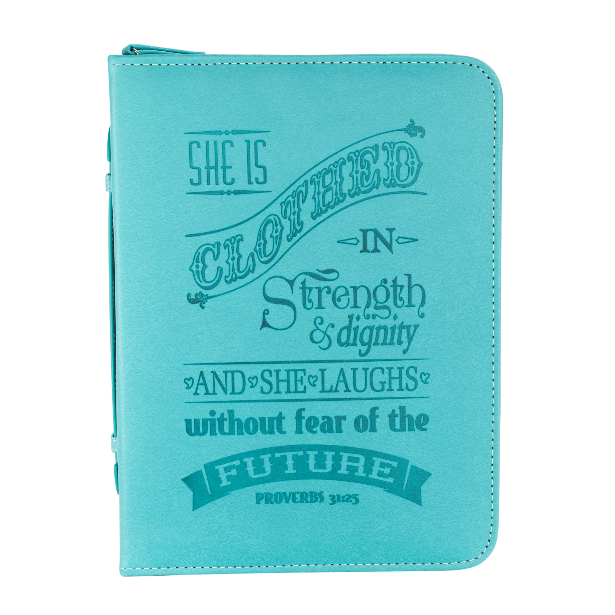 Divine Details: Bible Cover - Teal She is Clothed in Strength - Proverbs 31:25