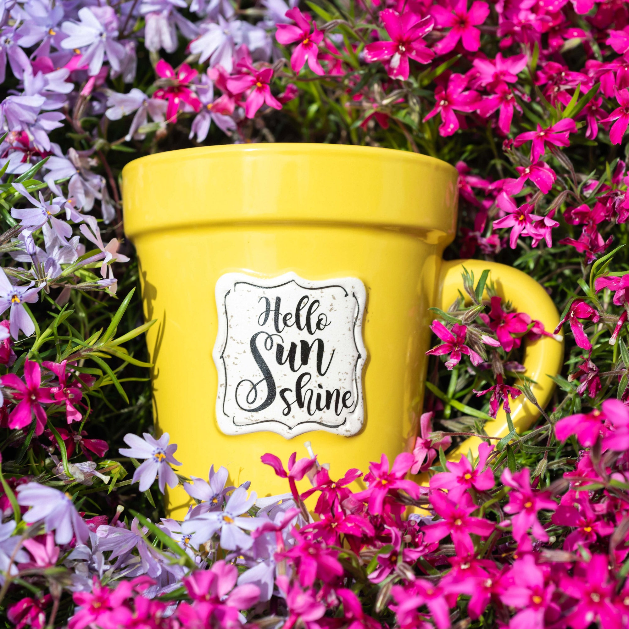 Yellow Flower Pot Mug w/Scripture - "Hello Sunshine"