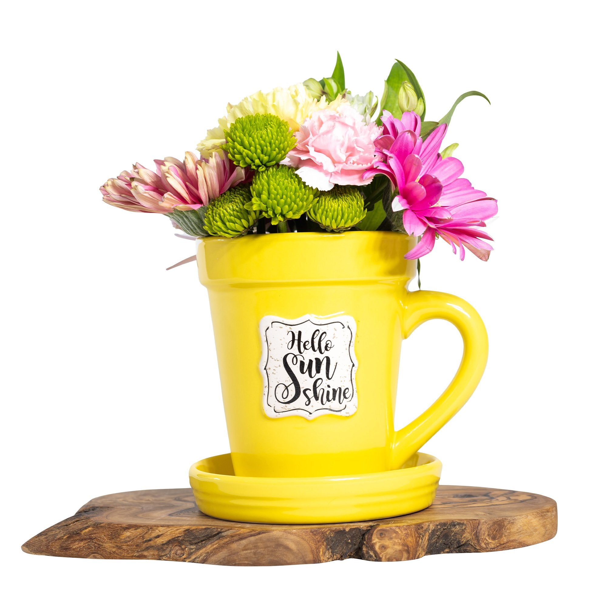 Yellow Flower Pot Mug w/Scripture - "Hello Sunshine"