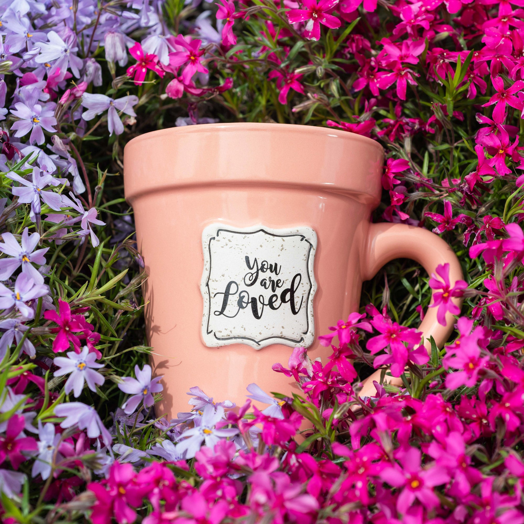 Peach Flower Pot Mug w/Scripture - "You are Loved"