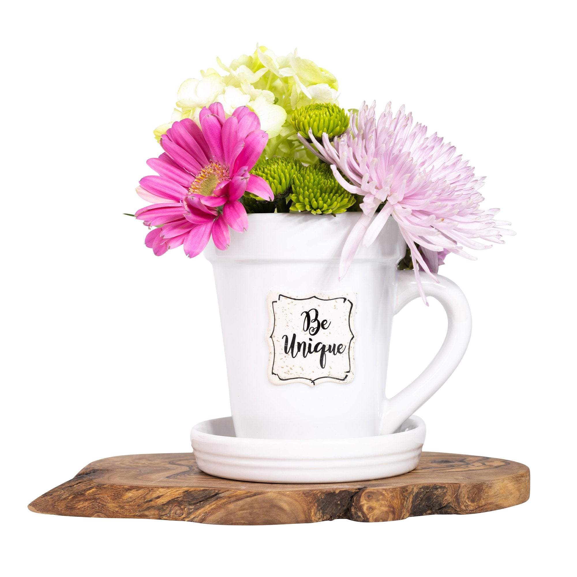 White Flower Pot Mug w/Scripture - "Be Unique"
