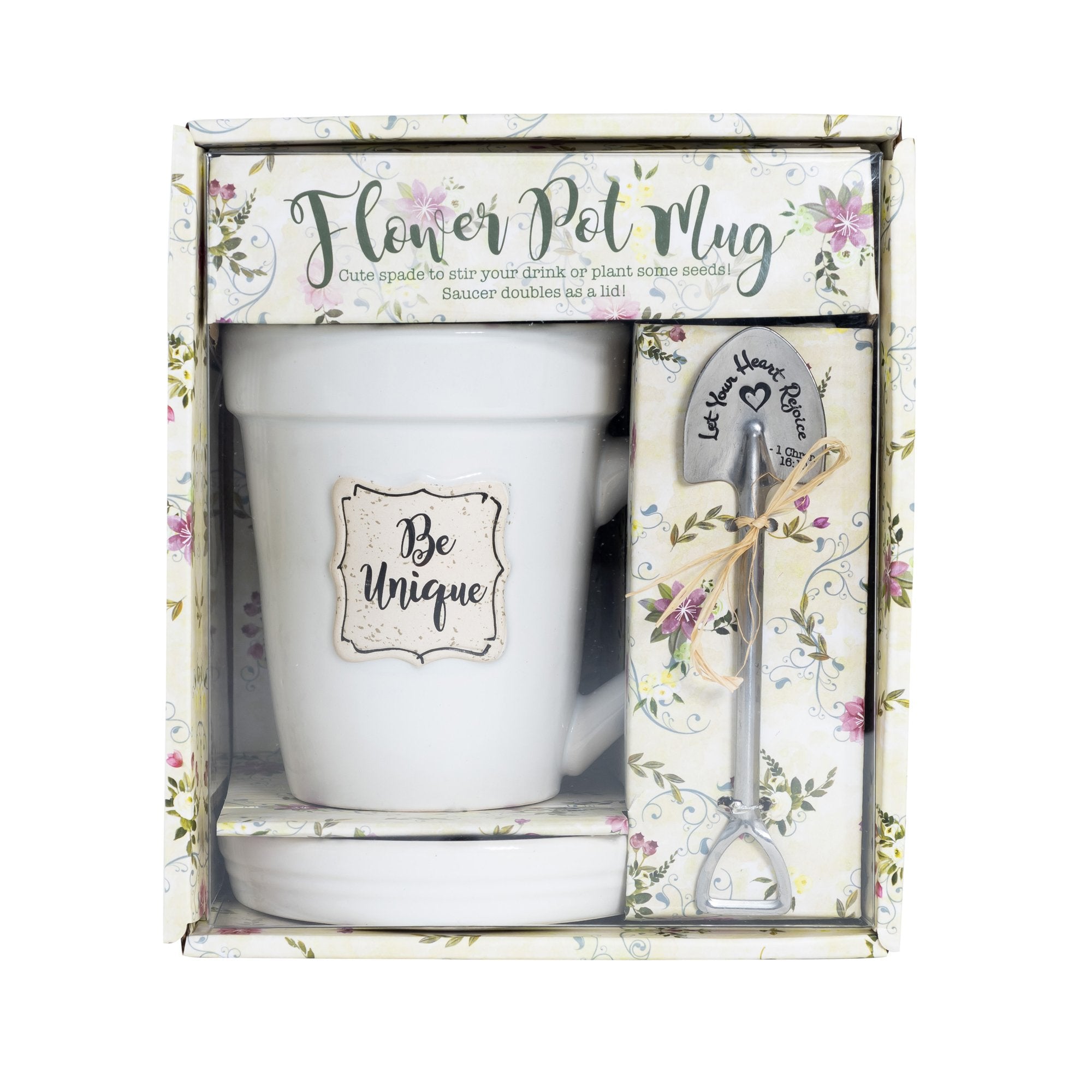 White Flower Pot Mug w/Scripture - "Be Unique"