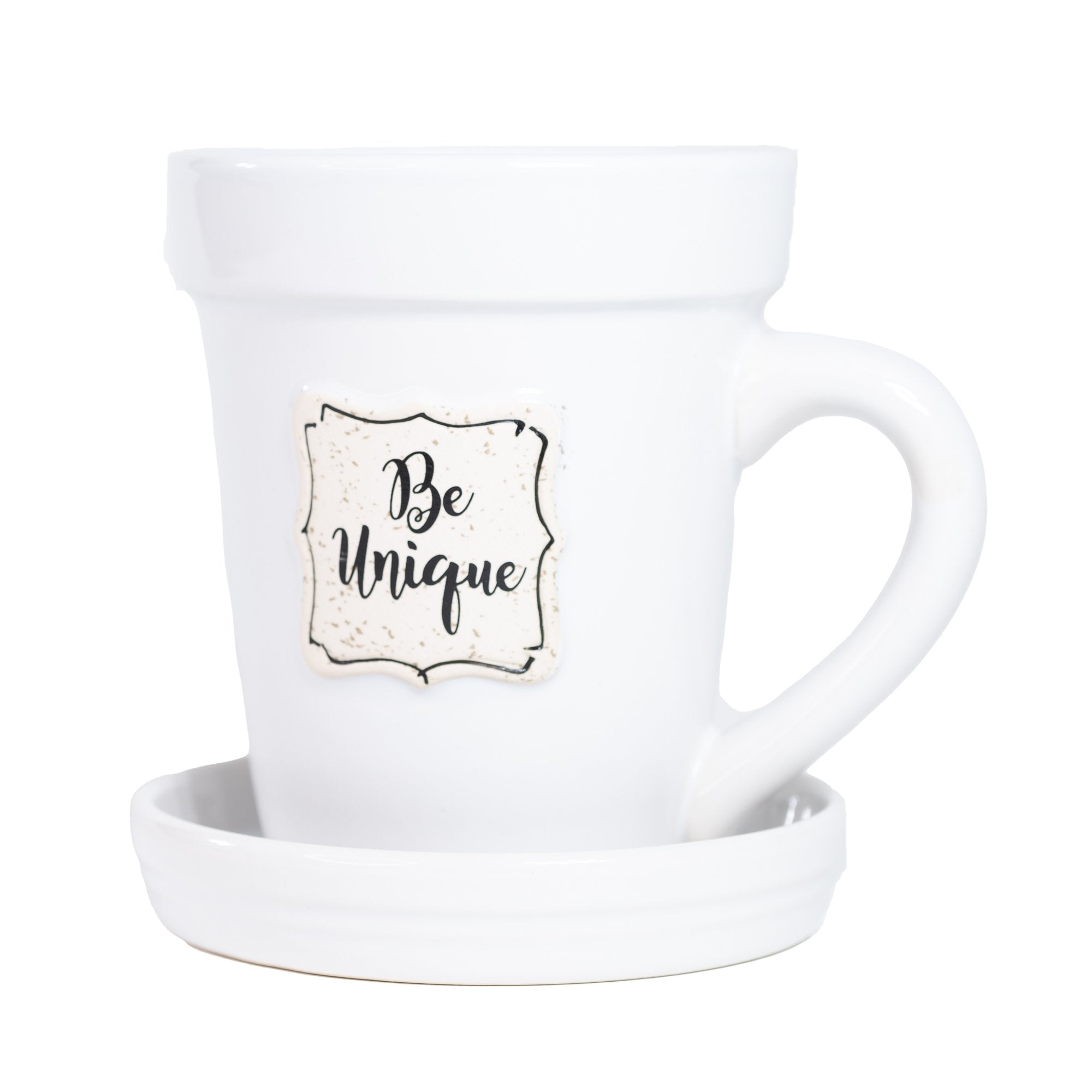 White Flower Pot Mug w/Scripture - "Be Unique"