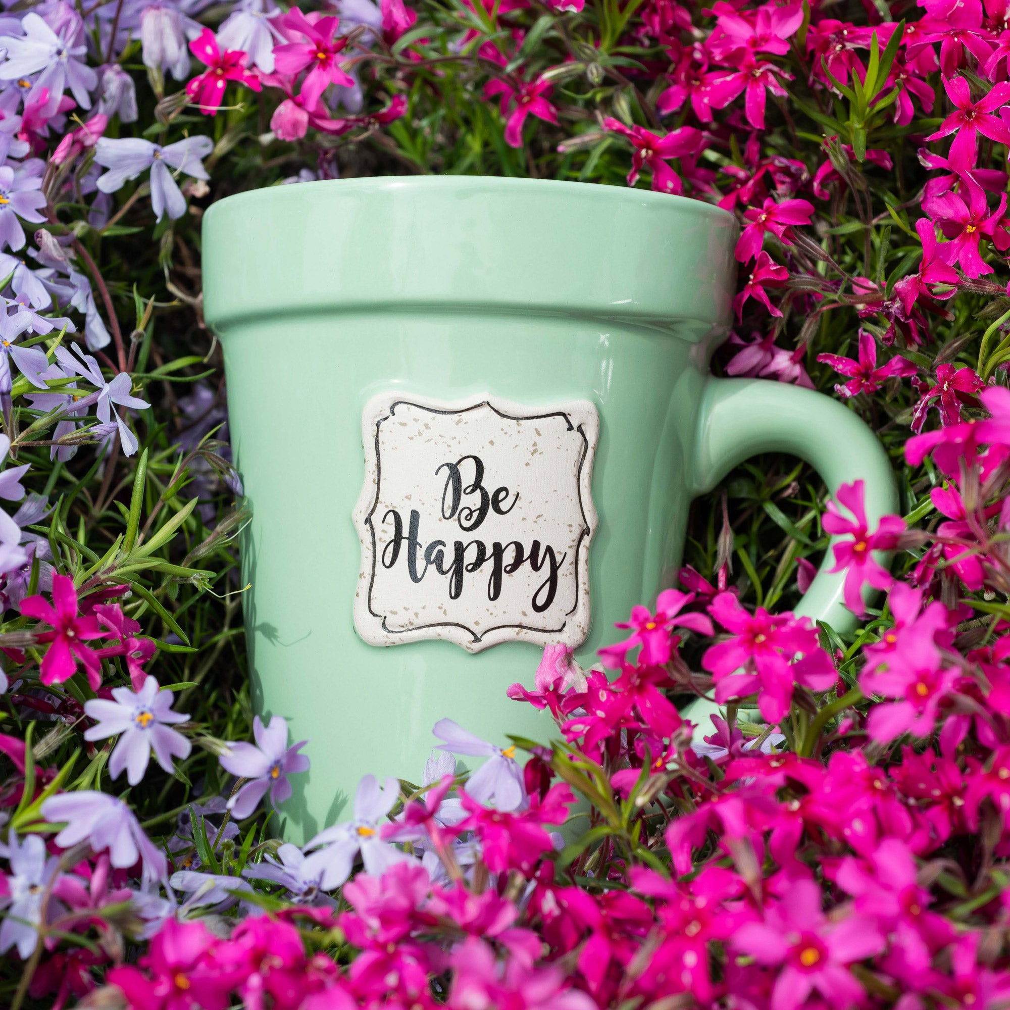 Green Flower Pot Mug w/Scripture - "Be Happy"