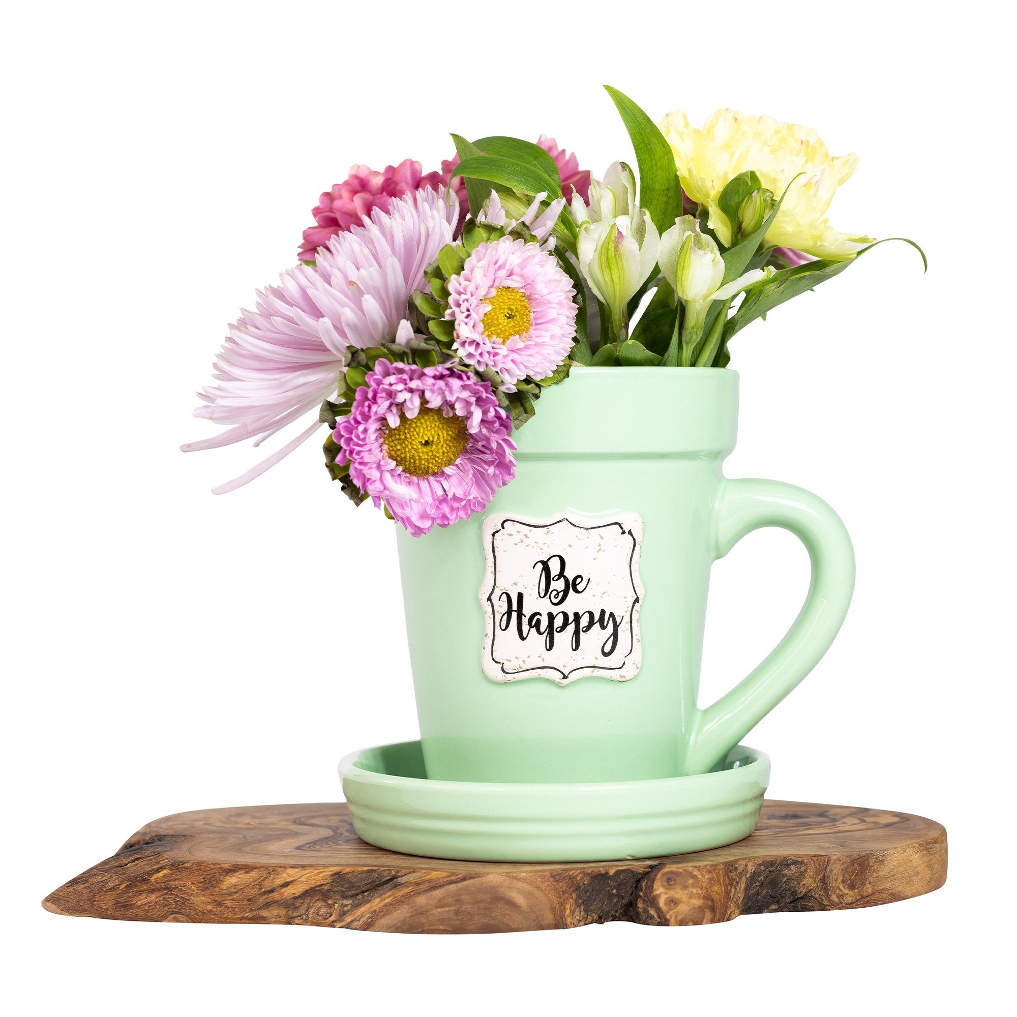 Green Flower Pot Mug - "Be Happy"