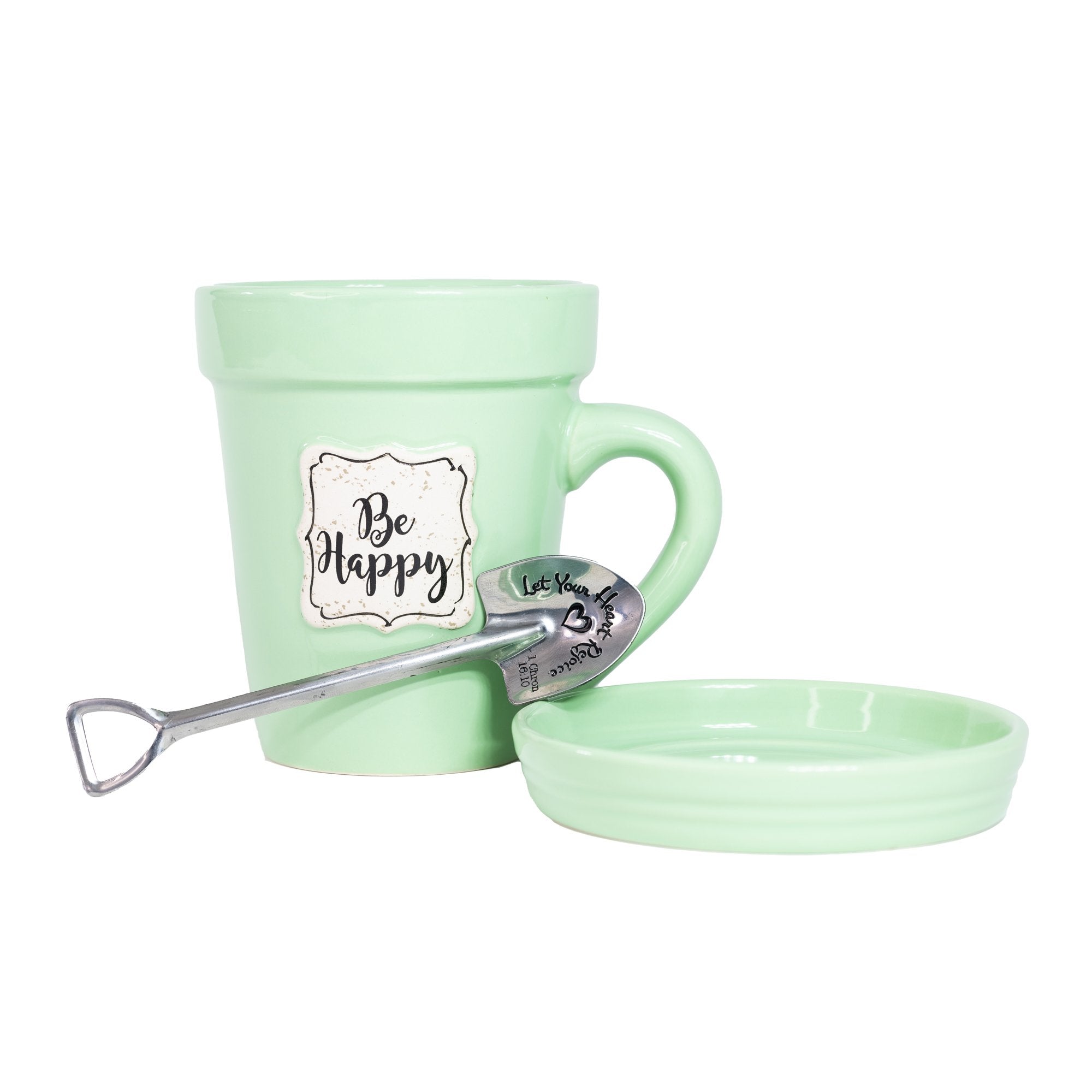 Green Flower Pot Mug w/Scripture - "Be Happy"