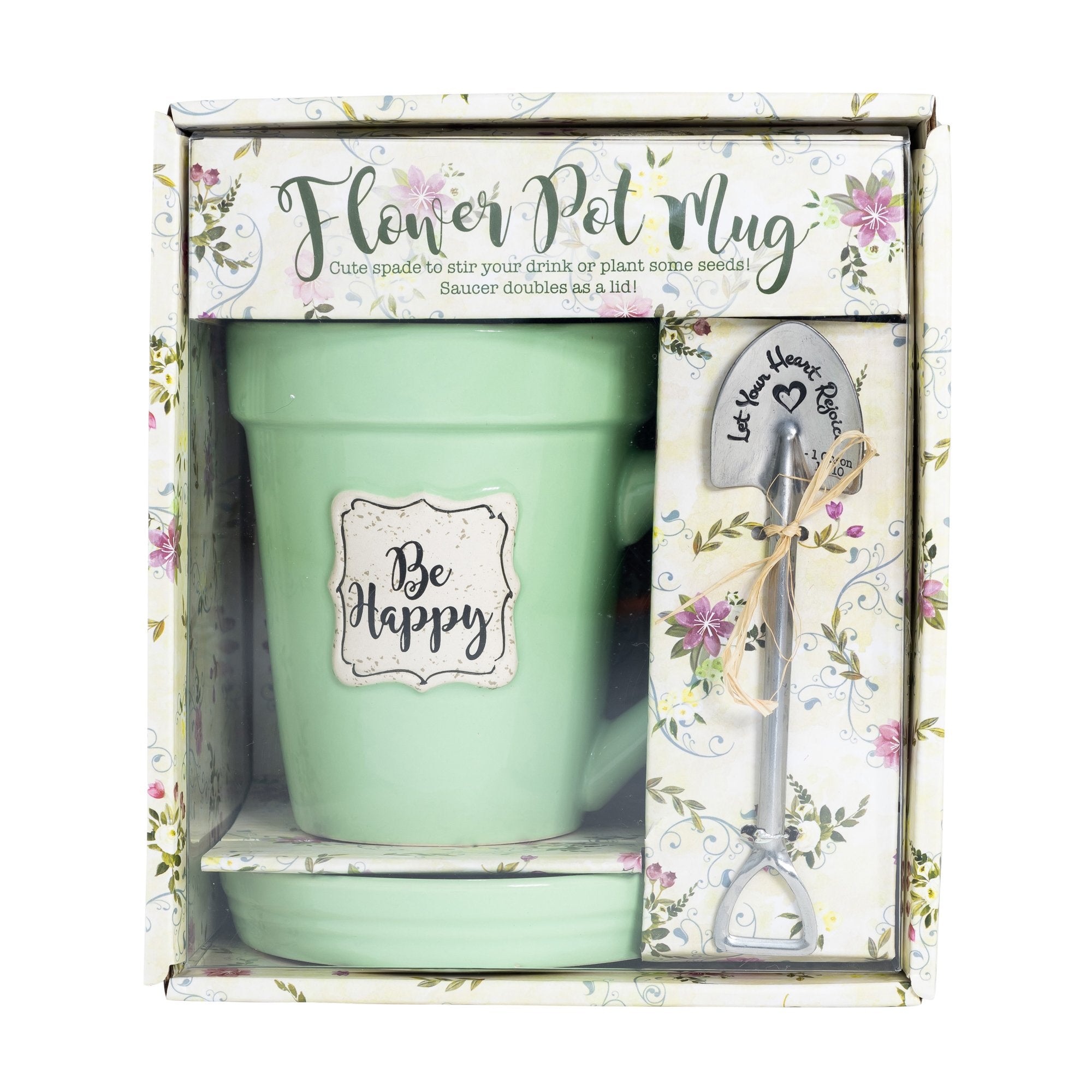 Green Flower Pot Mug w/Scripture - "Be Happy"