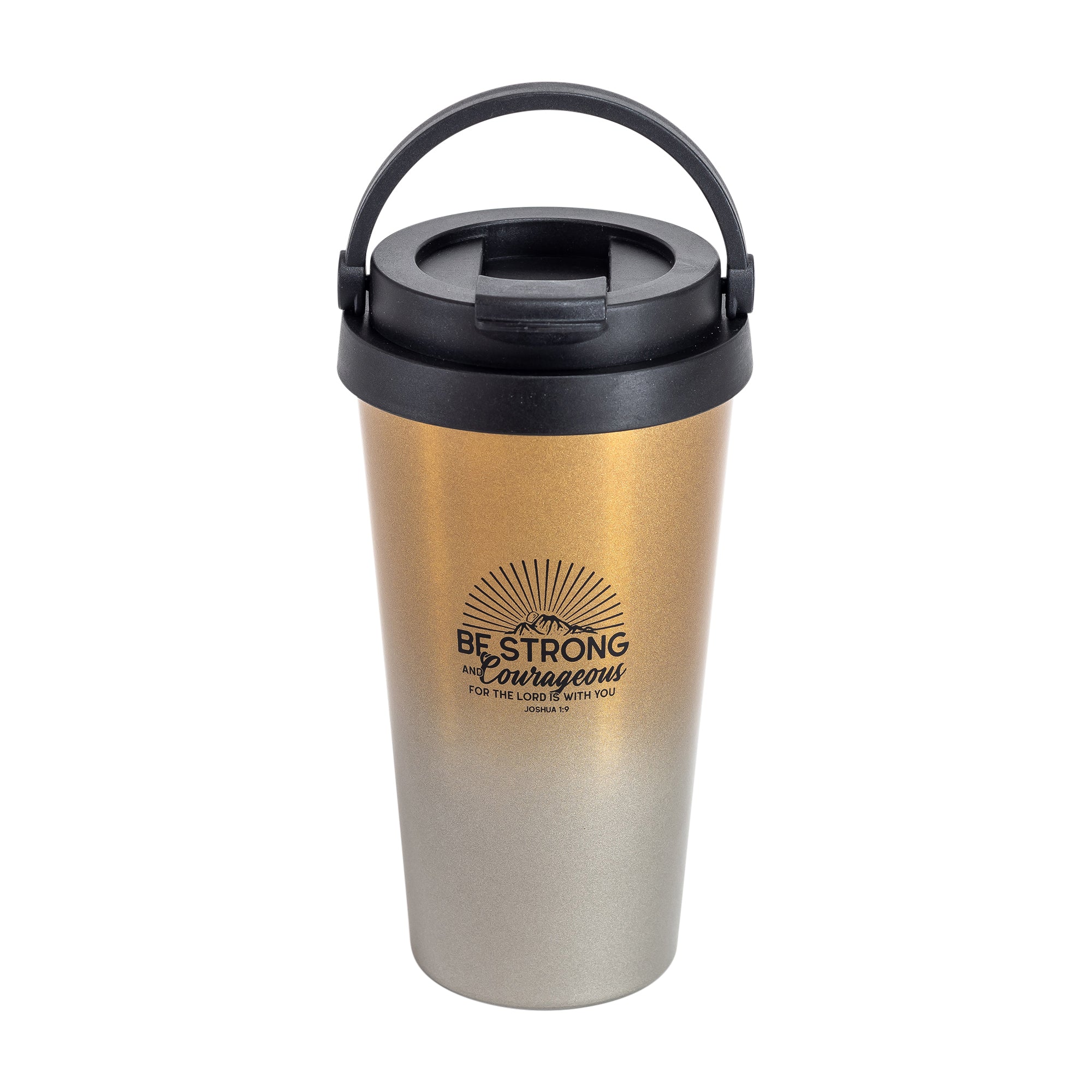 Travel Mug-Be Strong & Courageous-Black Ink/Gold Mug