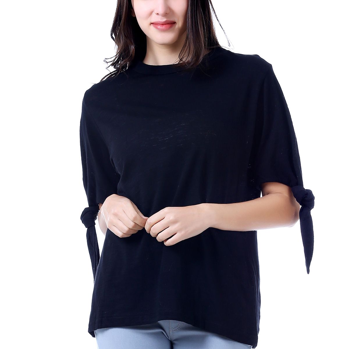 Khaki Boat Neck Tied Sleeve T-Shirt