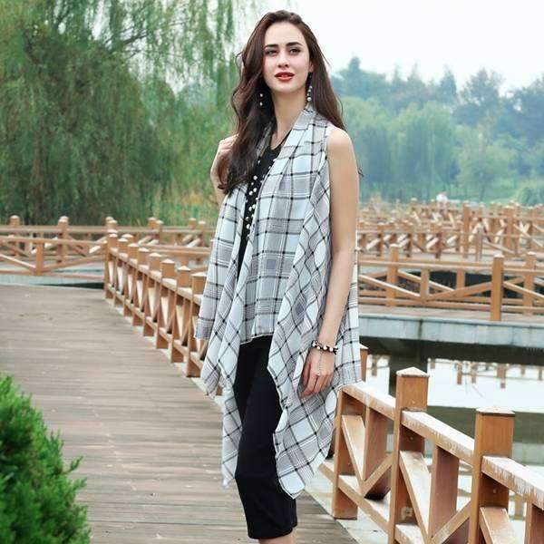 Black & White Plaid Long Vest,Outerwear,Mad Style, by Mad Style