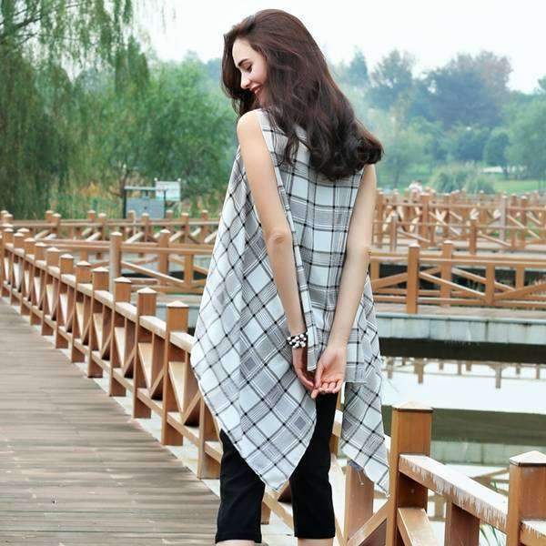 Black & White Plaid Long Vest,Outerwear,Mad Style, by Mad Style