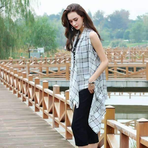 Black & White Plaid Long Vest,Outerwear,Mad Style, by Mad Style