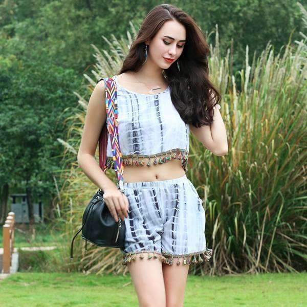 Tasseled Tie Dye Short Set,Bottoms,Mad Style, by Mad Style
