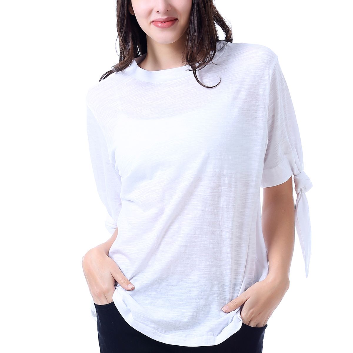 Khaki Boat Neck Tied Sleeve T-Shirt
