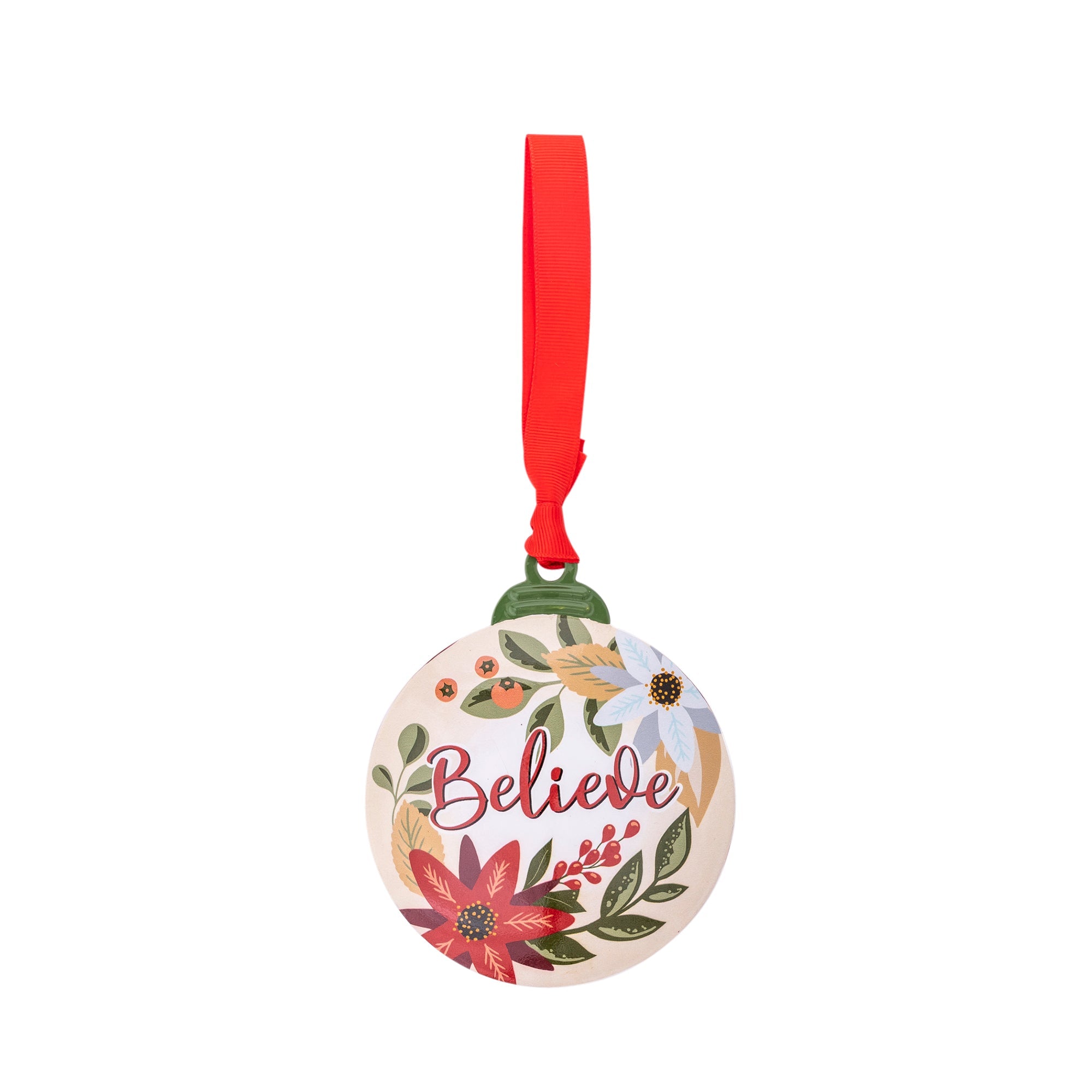Metal Ornament: Believe (Poinsettia)