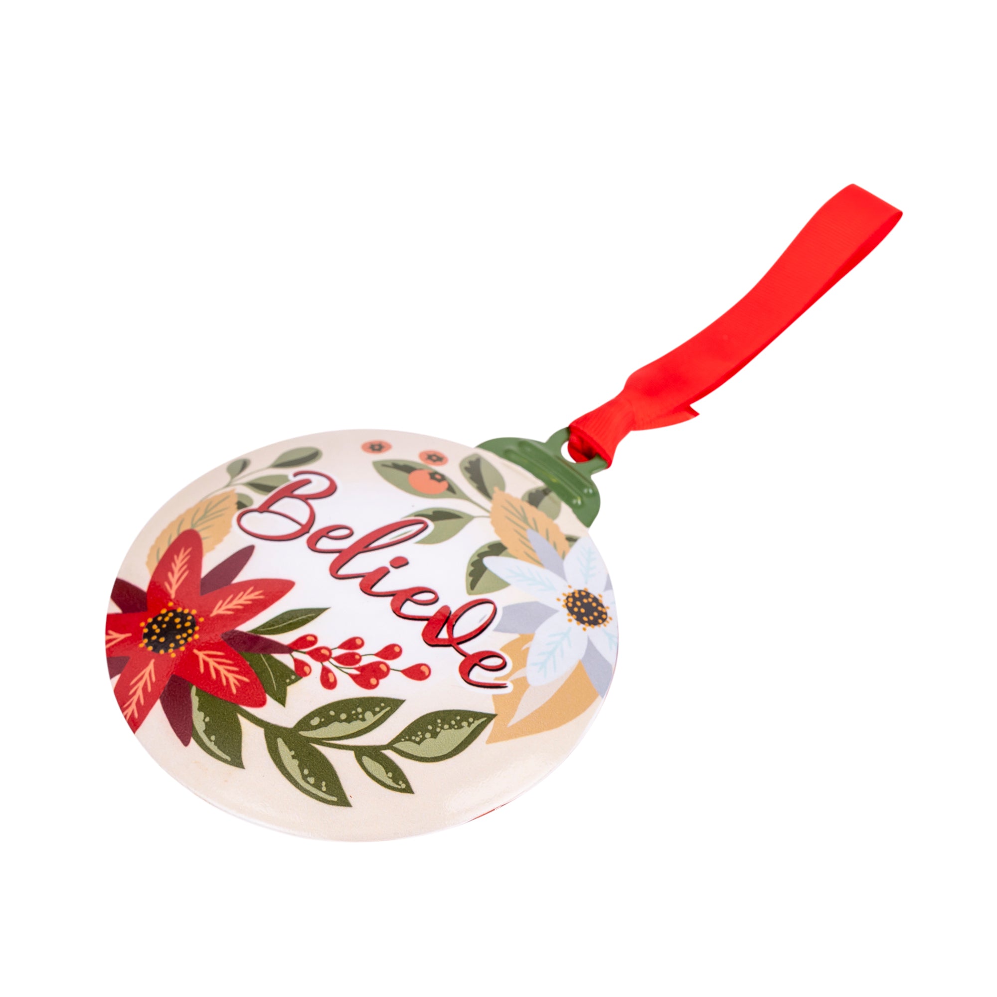 Metal Ornament: Believe (Poinsettia)