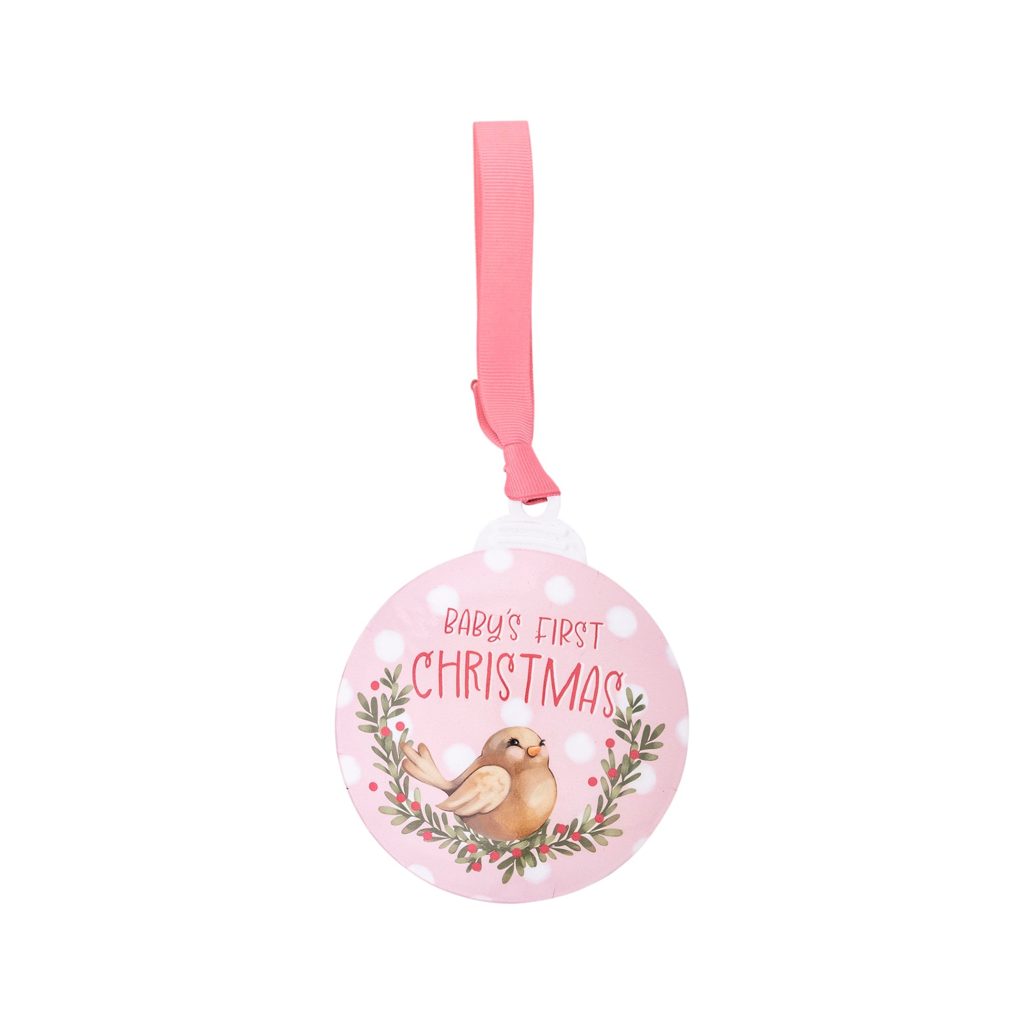 Metal Ornament: Baby's First Christmas (Pink)
