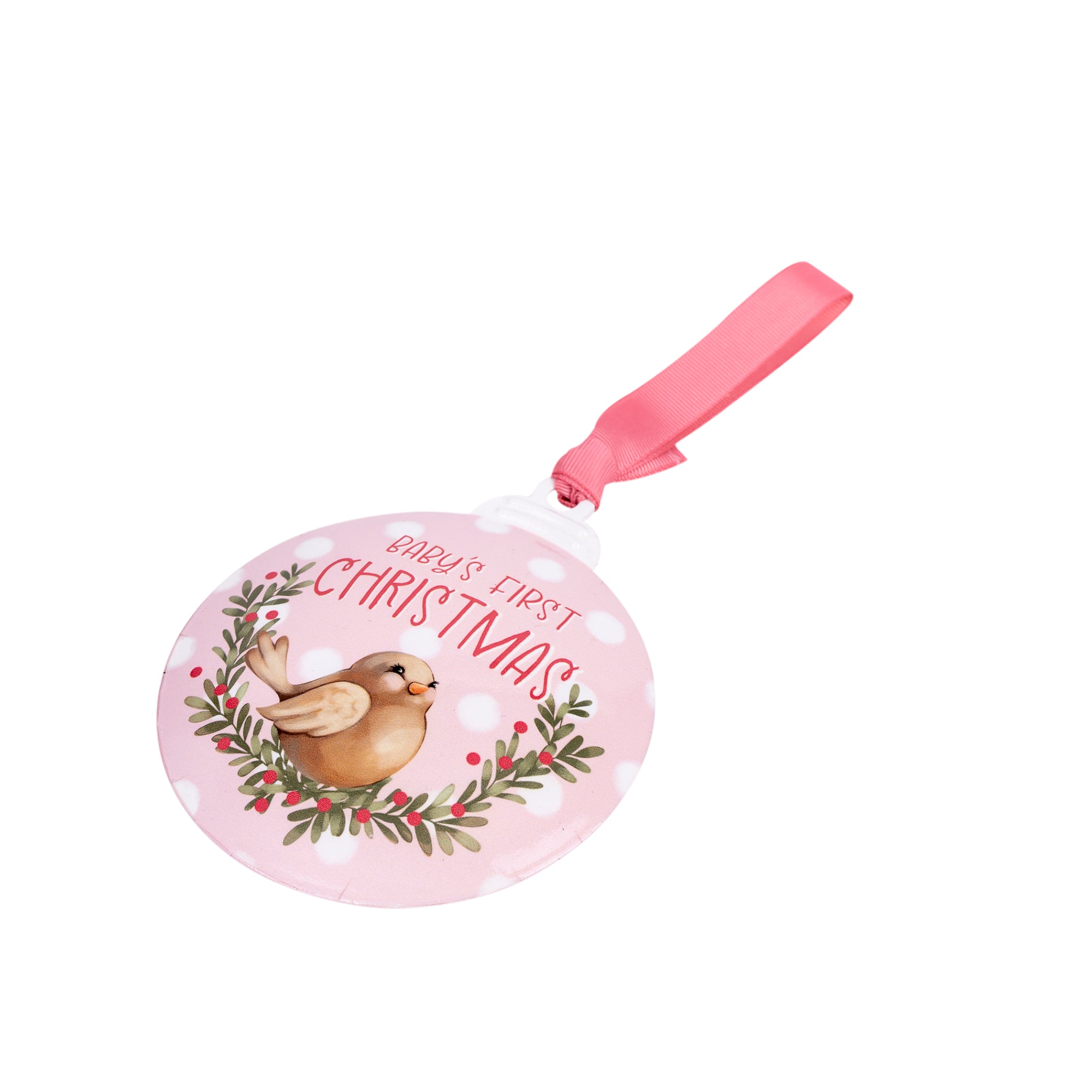 Metal Ornament: Baby's First Christmas (Pink)