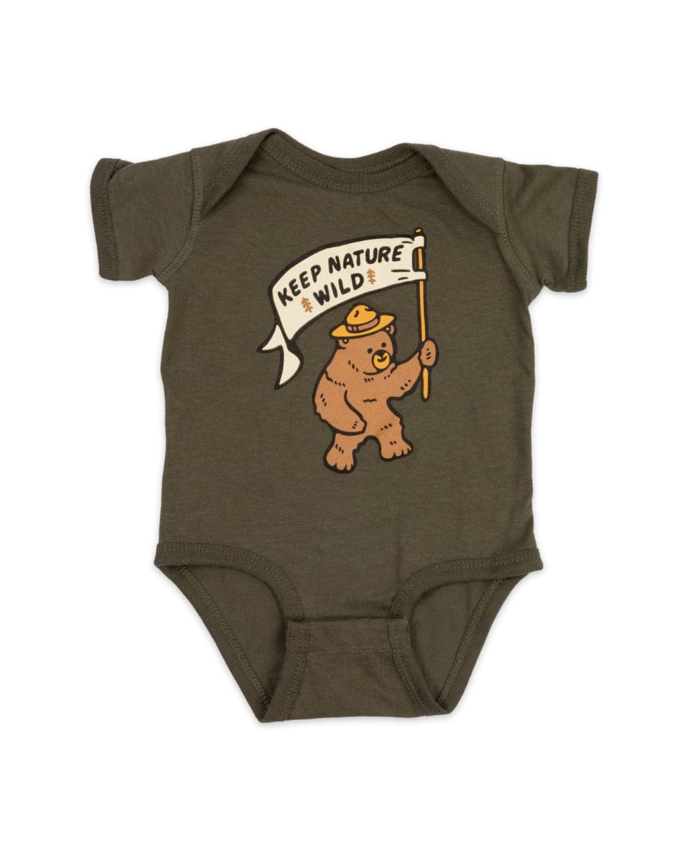 Keep Nature Wild Kids Happy Camper Bear Onesie | Olive