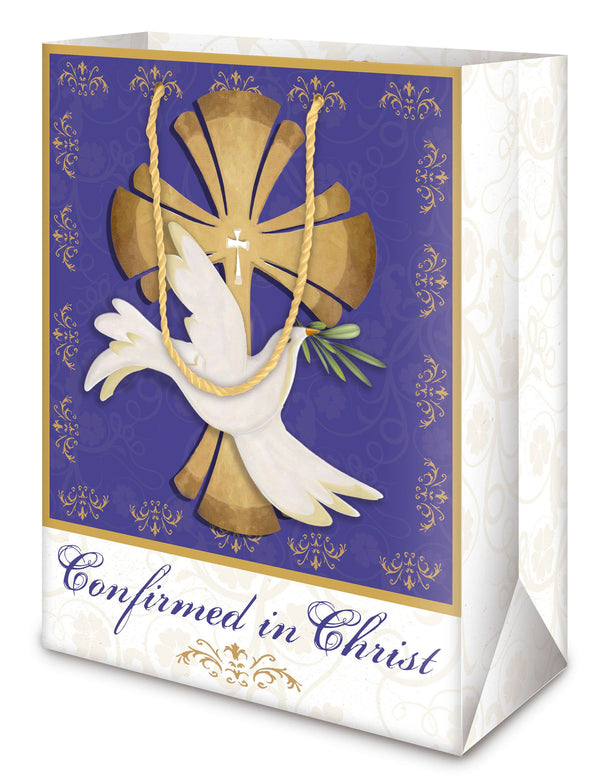 3 Free 20" x 26" sheets of coordinating tissue paper with each bag. Matching Gift tags with blank backs to write a special note. Soft, coordinating rope handles. Each bag design includes scripture. Bags sold as 6 packs only. Material: Paper. occasion: Confirmation