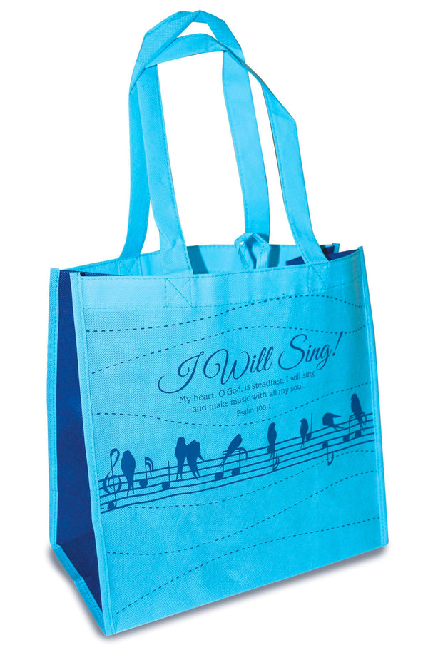 Our Eco Tote reusable shopping bags measure 12.5"x 6" x 12" and feature Scripture verse. Bags fold flat, can hold up to 20 pounds & have a small loop for hanging. Perfect for groceries, Bible study or as an everyday bag! Reusable shopping bags with contrasting side accent colors. Holds up to 20 lbs. Dimensions: 12. 5" x 6" x 12". Small loop for hanging. Features scripture verse Psalm 108:1. Material: Non-Woven Fabric.