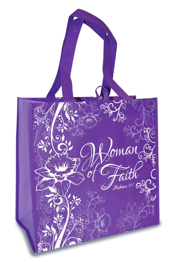 Our Eco Tote reusable shopping bags measure 12.5" x 6" x 12" and feature Scripture verse. Bags fold flat, can hold up to 20 pounds & have a small loop for hanging. Perfect for groceries, Bible study or as an everyday bag! Reusable shopping bags. Holds up to 20 lbs. Dimensions: 12. 5" x 6" x 12". Small loop for hanging. Features scripture verse Hebrews 11:1. Material: Non-Woven Fabric.