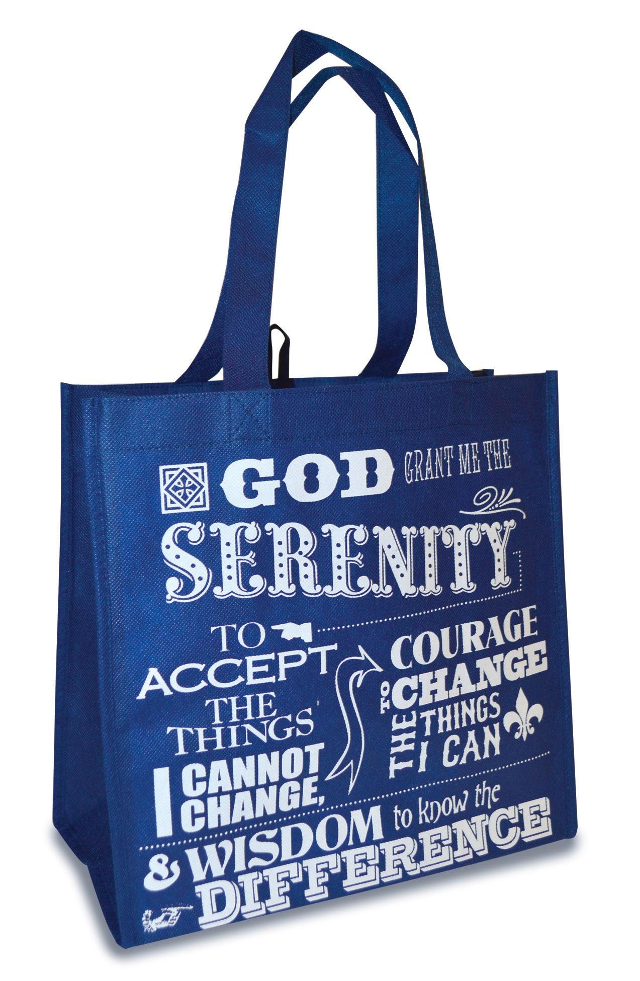 Our Eco Tote reusable shopping bags measure 12.5" x 6" x 12" and feature an inspirational message. Bags fold flat, can hold up to 20 pounds & have a small loop for hanging. Perfect for groceries, Bible study or as an everyday bag! Reusable shopping bags. Holds up to 20 lbs. Dimensions: 12. 5" x 6" x 12". Small loop for hanging. Features the Serenity Prayer. Material: Non-Woven Fabric.