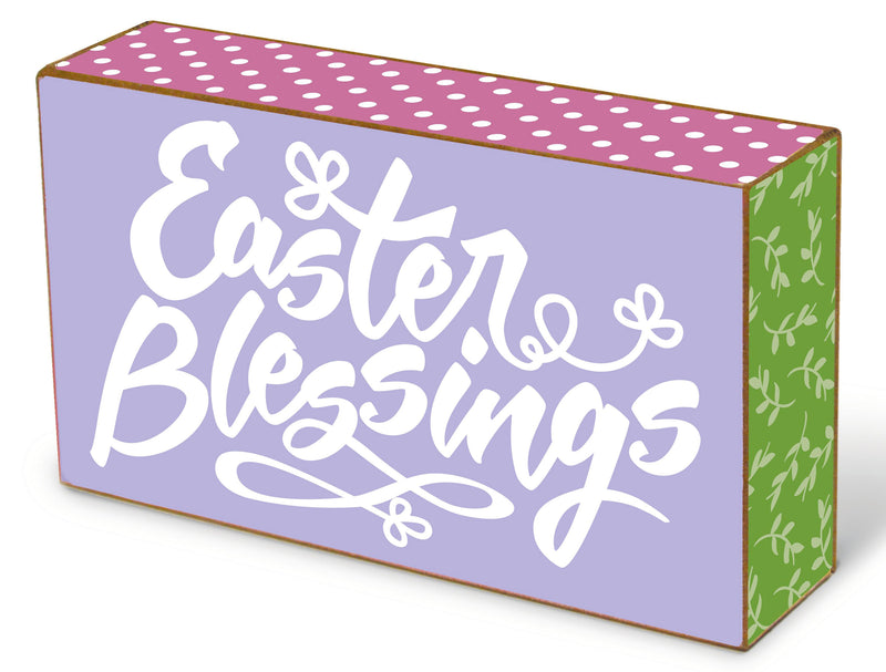 decorator blox with an uplifting message. A perfect addition to your Easter decor! Features the inspirational message: Easter Blessings. Measures 4" x 6" x 1.75". Material: Wood.