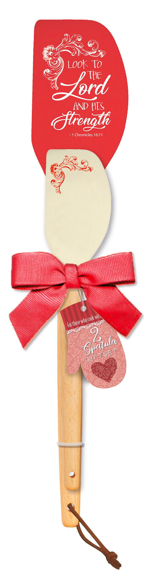 Our spatula giftset is for those who cook with love. Set includes 2 spatulas with silicon heads and solid wood handles. Large spatula measures 12" x 2.5" x 0.75". Small spatula measures 9.5" x 2" x 0.5". Features scripture. Material: Silicone / Wood.