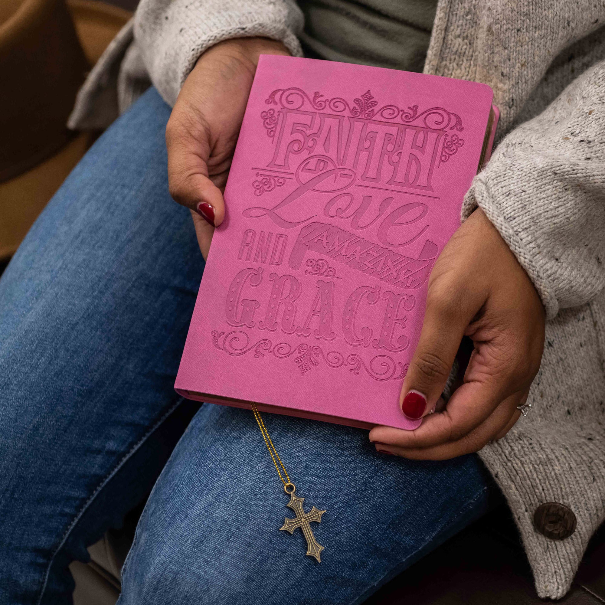 Faux Leather Journal : Pink Amazing Grace, Cross Charm