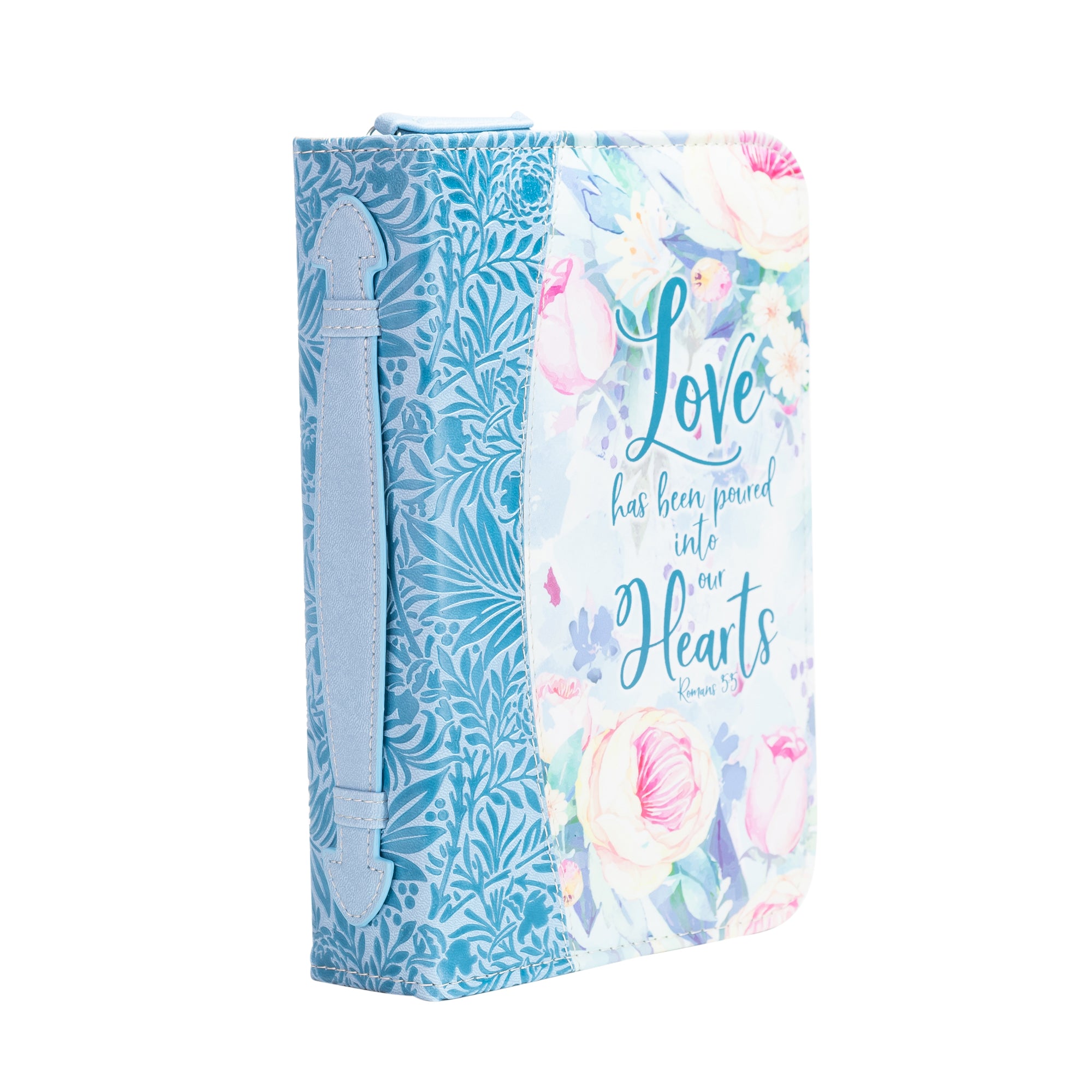 Divine Details: Bible Cover - Blue Floral Love has been poured into our Hearts - Romans 5:5