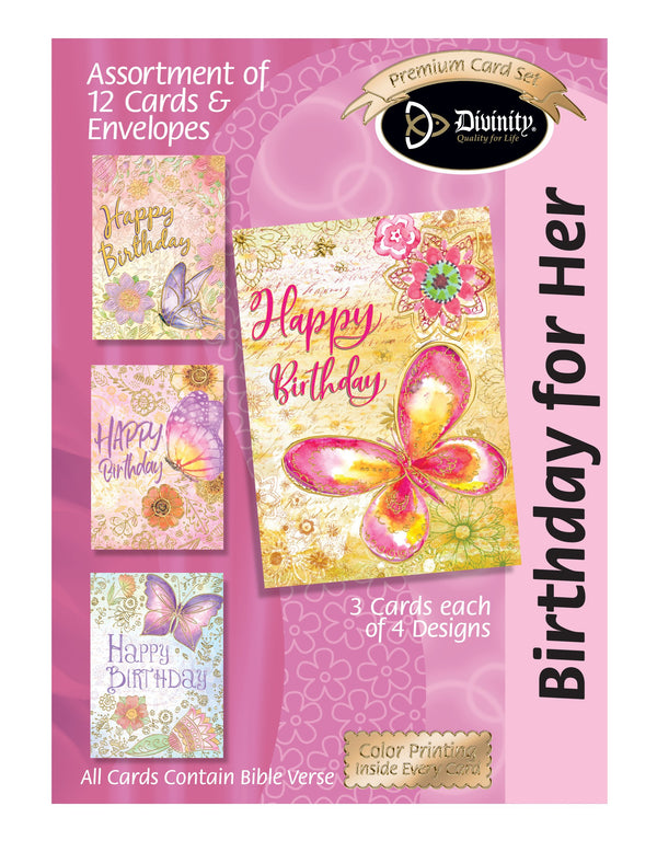 Divinity Boutique Boxed Cards: Birthday Floral & Butterflies w/Gold Accents