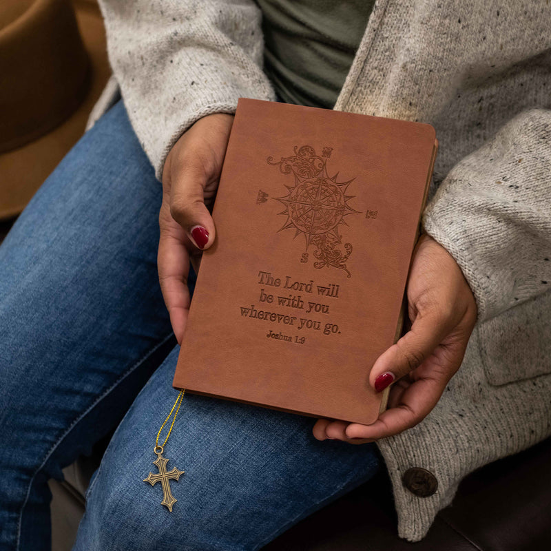 Faux Leather Journal : Brown Compasss, Cross Charm