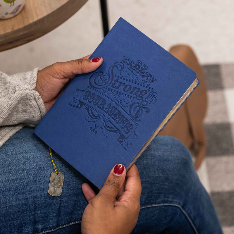 Faux Leather Journal : Navy Be Strong & Courageous, Dog Tag Charm