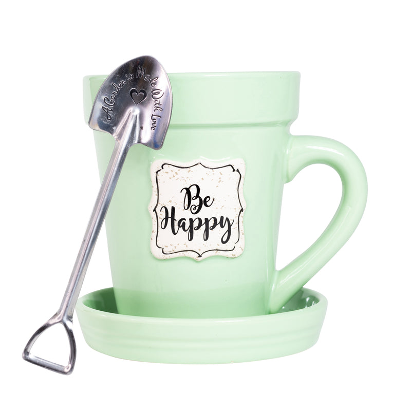 Green Flower Pot Mug - "Be Happy"