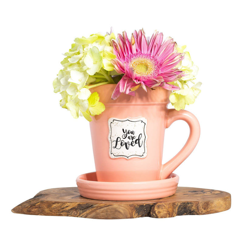 Peach Flower Pot Mug - "You're Loved"