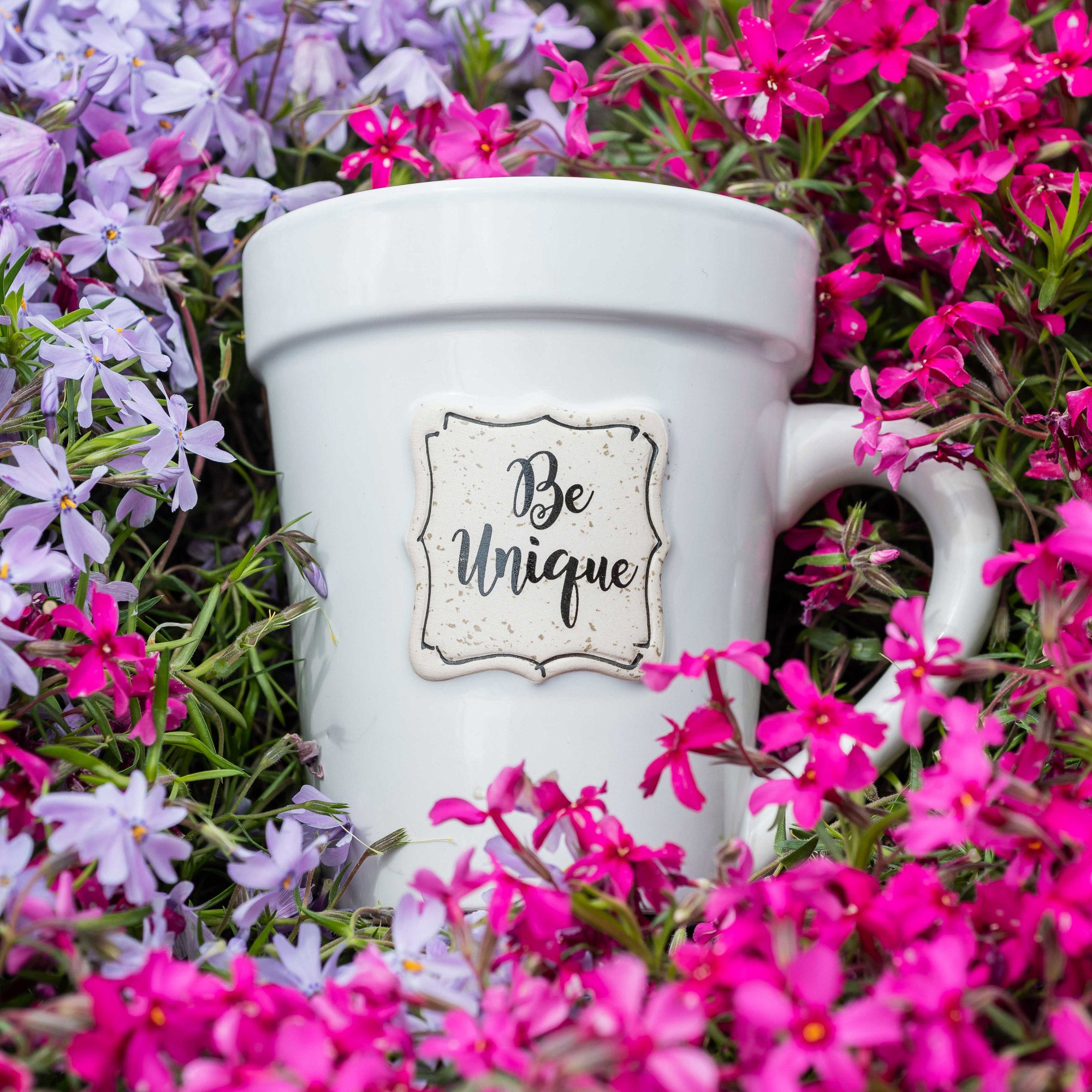 White Flower Pot Mug w/Scripture - "Be Unique"