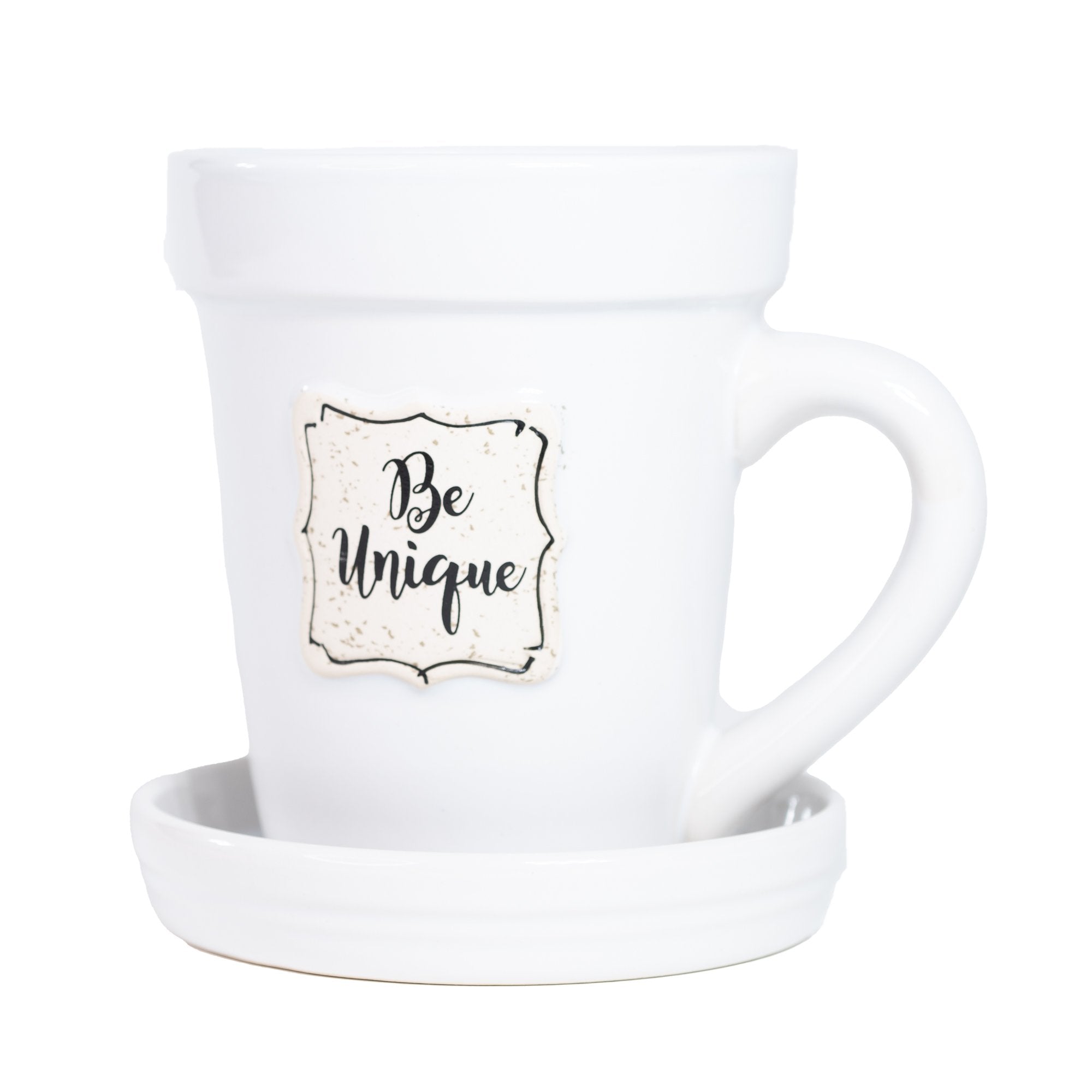 White Flower Pot Mug - "Be Unique"
